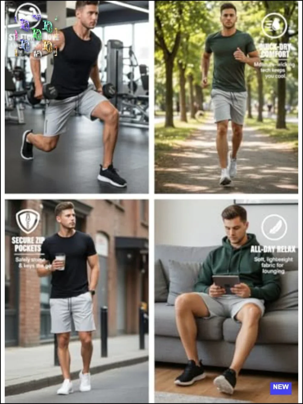 5 Pack Mens Athletic Shorts with Zipper Pockets, 9 Inch Quick Dry Mesh Gym